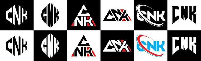 cnk brev logotyp design i sex stil. cnk polygon, cirkel, triangel, sexhörning, platt och enkel stil med svart och vit Färg variation brev logotyp uppsättning i ett rittavla. cnk minimalistisk och klassisk logotyp vektor