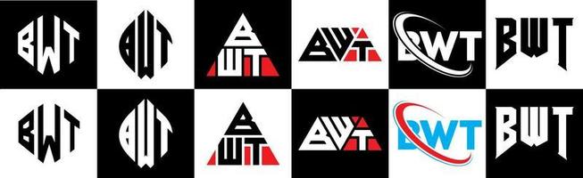 bwt-Buchstaben-Logo-Design in sechs Stilen. bwt polygon, kreis, dreieck, sechseck, flacher und einfacher stil mit schwarz-weißem buchstabenlogo in einer zeichenfläche. bwt minimalistisches und klassisches Logo vektor