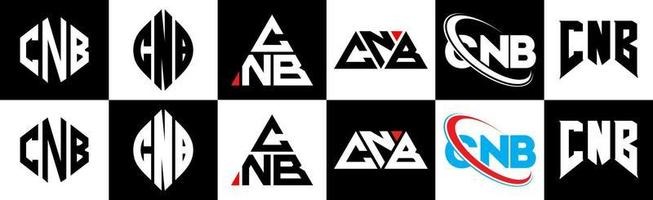 cnb-Buchstaben-Logo-Design in sechs Stilen. cnb polygon, kreis, dreieck, sechseck, flacher und einfacher stil mit schwarz-weißem buchstabenlogo in einer zeichenfläche. cnb minimalistisches und klassisches Logo vektor