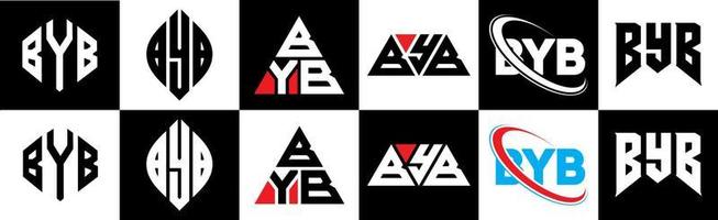 byb-Buchstaben-Logo-Design in sechs Stilen. Byb Polygon, Kreis, Dreieck, Sechseck, flacher und einfacher Stil mit schwarzem und weißem Farbvariations-Buchstabenlogo auf einer Zeichenfläche. byb minimalistisches und klassisches Logo vektor
