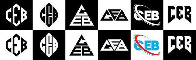 ceb brev logotyp design i sex stil. ceb polygon, cirkel, triangel, sexhörning, platt och enkel stil med svart och vit Färg variation brev logotyp uppsättning i ett rittavla. ceb minimalistisk och klassisk logotyp vektor