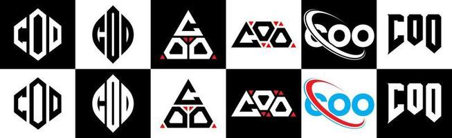 Coo-Buchstaben-Logo-Design in sechs Stilen. coo polygon, kreis, dreieck, sechseck, flacher und einfacher stil mit schwarz-weißem buchstabenlogo in einer zeichenfläche. Coo minimalistisches und klassisches Logo vektor
