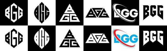 bgg-Buchstaben-Logo-Design in sechs Stilen. bgg polygon, kreis, dreieck, hexagon, flacher und einfacher stil mit schwarz-weißem buchstabenlogo in einer zeichenfläche. bgg minimalistisches und klassisches Logo vektor