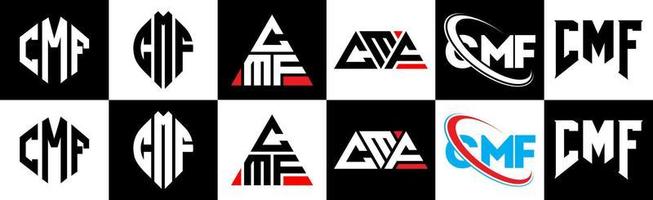 cmf-Buchstaben-Logo-Design in sechs Stilen. cmf polygon, kreis, dreieck, sechseck, flacher und einfacher stil mit schwarz-weißem buchstabenlogo in einer zeichenfläche. cmf minimalistisches und klassisches Logo vektor