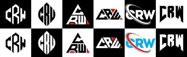 crw-Buchstaben-Logo-Design in sechs Stilen. Crw-Polygon, Kreis, Dreieck, Sechseck, flacher und einfacher Stil mit schwarz-weißem Buchstabenlogo in einer Zeichenfläche. crw minimalistisches und klassisches Logo vektor