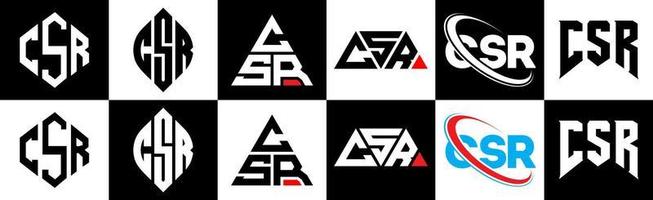 csr brev logotyp design i sex stil. csr polygon, cirkel, triangel, sexhörning, platt och enkel stil med svart och vit Färg variation brev logotyp uppsättning i ett rittavla. csr minimalistisk och klassisk logotyp vektor