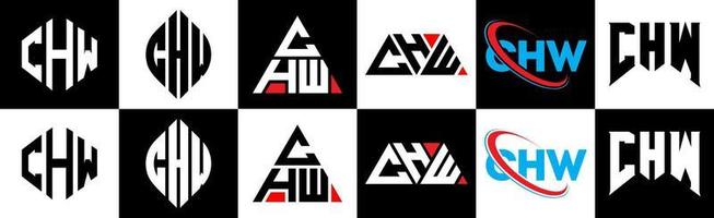 chw-Buchstaben-Logo-Design in sechs Stilen. chw polygon, kreis, dreieck, hexagon, flacher und einfacher stil mit schwarz-weißem buchstabenlogo in einer zeichenfläche. chw minimalistisches und klassisches Logo vektor