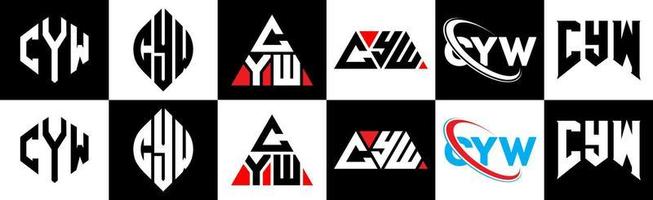 Cyw-Buchstaben-Logo-Design in sechs Stilen. Cyw-Polygon, Kreis, Dreieck, Sechseck, flacher und einfacher Stil mit schwarz-weißem Buchstabenlogo in einer Zeichenfläche. Cyw minimalistisches und klassisches Logo vektor