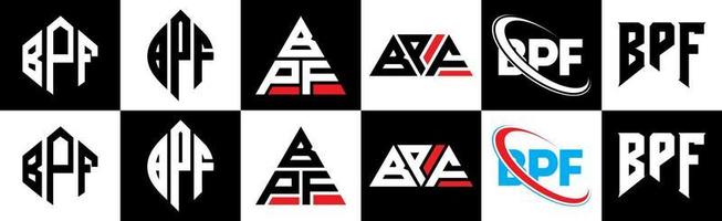 bpf-Buchstaben-Logo-Design in sechs Stilen. bpf Polygon, Kreis, Dreieck, Sechseck, flacher und einfacher Stil mit schwarz-weißem Buchstabenlogo in einer Zeichenfläche. bpf minimalistisches und klassisches Logo vektor
