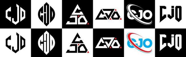 Cjo-Brief-Logo-Design in sechs Stilen. Cjo-Polygon, Kreis, Dreieck, Sechseck, flacher und einfacher Stil mit schwarz-weißem Buchstabenlogo in einer Zeichenfläche. cjo minimalistisches und klassisches logo vektor