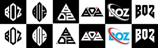 boz brev logotyp design i sex stil. boz polygon, cirkel, triangel, sexhörning, platt och enkel stil med svart och vit Färg variation brev logotyp uppsättning i ett rittavla. boz minimalistisk och klassisk logotyp vektor