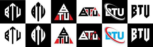 btu-Buchstaben-Logo-Design in sechs Stilen. btu polygon, kreis, dreieck, sechseck, flacher und einfacher stil mit schwarz-weißem buchstabenlogo in einer zeichenfläche. btu minimalistisches und klassisches Logo vektor