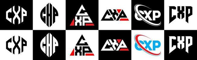 cxp-Buchstaben-Logo-Design in sechs Stilen. cxp Polygon, Kreis, Dreieck, Sechseck, flacher und einfacher Stil mit schwarz-weißem Buchstabenlogo in einer Zeichenfläche. cxp minimalistisches und klassisches Logo vektor