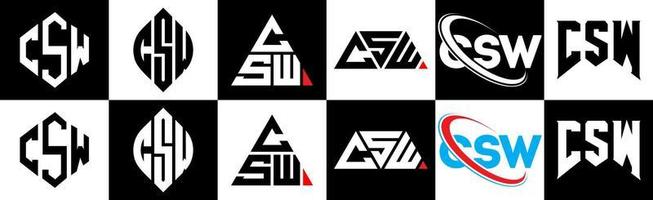 csw-Buchstaben-Logo-Design in sechs Stilen. csw polygon, kreis, dreieck, sechseck, flacher und einfacher stil mit schwarz-weißem buchstabenlogo in einer zeichenfläche. csw minimalistisches und klassisches Logo vektor