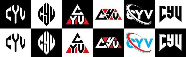 Cyv-Buchstaben-Logo-Design in sechs Stilen. Cyv-Polygon, Kreis, Dreieck, Sechseck, flacher und einfacher Stil mit schwarz-weißem Buchstabenlogo in einer Zeichenfläche. Cyv minimalistisches und klassisches Logo vektor