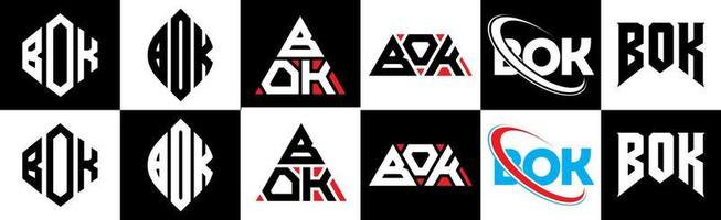 Bok-Buchstaben-Logo-Design in sechs Stilen. bok polygon, kreis, dreieck, sechseck, flacher und einfacher stil mit schwarz-weißem buchstabenlogo in einer zeichenfläche. Bok minimalistisches und klassisches Logo vektor