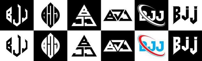 bjj brev logotyp design i sex stil. bjj polygon, cirkel, triangel, sexhörning, platt och enkel stil med svart och vit Färg variation brev logotyp uppsättning i ett rittavla. bjj minimalistisk och klassisk logotyp vektor