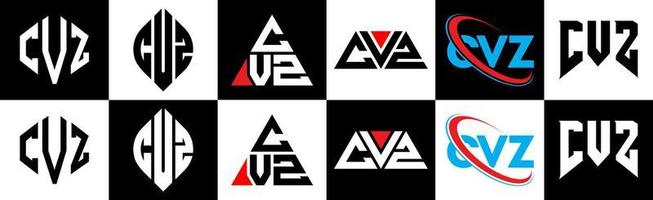 cvz-Buchstaben-Logo-Design in sechs Stilen. cvz Polygon, Kreis, Dreieck, Sechseck, flacher und einfacher Stil mit schwarz-weißem Buchstabenlogo in einer Zeichenfläche. cvz minimalistisches und klassisches Logo vektor