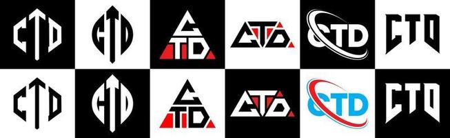 ctd-Buchstaben-Logo-Design in sechs Stilen. ctd Polygon, Kreis, Dreieck, Sechseck, flacher und einfacher Stil mit schwarz-weißem Buchstabenlogo in einer Zeichenfläche. ctd minimalistisches und klassisches Logo vektor