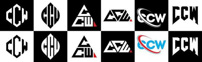 ccw brev logotyp design i sex stil. ccw polygon, cirkel, triangel, sexhörning, platt och enkel stil med svart och vit Färg variation brev logotyp uppsättning i ett rittavla. ccw minimalistisk och klassisk logotyp vektor