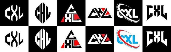 cxl-Buchstaben-Logo-Design in sechs Stilen. CXL-Polygon, Kreis, Dreieck, Sechseck, flacher und einfacher Stil mit schwarz-weißem Buchstabenlogo in einer Zeichenfläche. cxl minimalistisches und klassisches Logo vektor