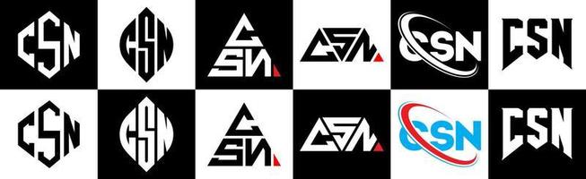 csn-brief-logo-design in sechs stilen. csn polygon, kreis, dreieck, sechseck, flacher und einfacher stil mit schwarz-weißem buchstabenlogo in einer zeichenfläche. csn minimalistisches und klassisches Logo vektor