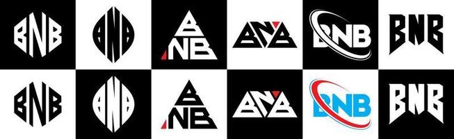 bnb brev logotyp design i sex stil. bnb polygon, cirkel, triangel, sexhörning, platt och enkel stil med svart och vit Färg variation brev logotyp uppsättning i ett rittavla. bnb minimalistisk och klassisk logotyp vektor