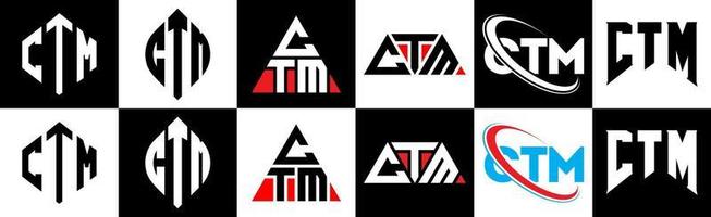 ctm brev logotyp design i sex stil. ctm polygon, cirkel, triangel, sexhörning, platt och enkel stil med svart och vit Färg variation brev logotyp uppsättning i ett rittavla. ctm minimalistisk och klassisk logotyp vektor