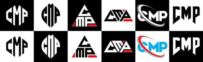 cmp-Buchstaben-Logo-Design in sechs Stilen. cmp Polygon, Kreis, Dreieck, Sechseck, flacher und einfacher Stil mit schwarz-weißem Buchstabenlogo in einer Zeichenfläche. cmp minimalistisches und klassisches Logo vektor