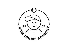 tennis klubb logotyp. söt leende pojke ansikte i cirkel linje. svart och vit enkel linje illustration. vektor