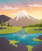 eine schöne Landschaft eines Bergmorgens. Vektor-Illustration von Wildtieren. Blüte. Berge am Morgen. Fluss. vektor
