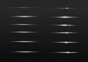 Packung mit weißen horizontalen Blendenflecken. Laserstrahlen, horizontale Lichtstrahlen. schöne Lichtblitze. blitzlicht mit feenstaubfunken und goldenen sternen leuchten. staubiges Glanzlicht. vektor