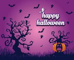 Lila Halloween-Nachttapete mit Friedhof und Kürbis und gruseliger Fledermaus vektor
