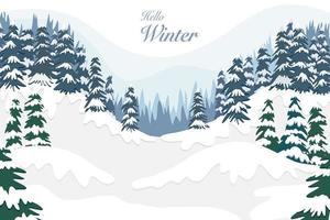 vektor av vinter- säsong se teckning, landskap av blå och grön tall träd skog på berg omslag förbi vit snö med Hej vinter- brev för högtider vykort, inbjudan bakgrund