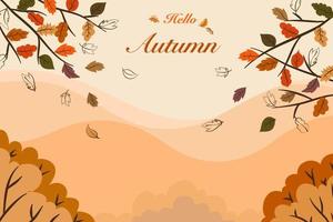 vektor av höst säsong se teckning, landskap av orange och brun löv, träd, skog på berg landskap med Hej höst texter för högtider vykort, inbjudan bakgrund