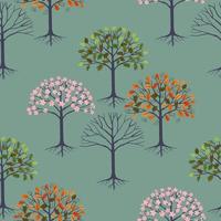 Vektornahtloses Muster mit vier saisonalen Bäumen, grafische Zeichnung des Frühlingssommerherbstwinters auf grünem Hintergrund, Element für Stoffkleidungsmodedesign, Textildruck, Tapetenverpackung vektor