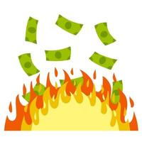 pengar är på brand. begrepp av de ekonomisk kris. de flamma och de brinnande av de sedlar. förlust av kontanter. tecknad serie platt illustration isolerat på vit vektor