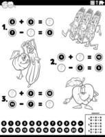 mathematische Aufgabe mit Malvorlagen für Comic-Lebensmittelfiguren vektor