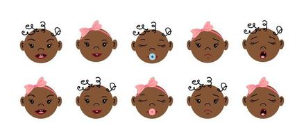 nyfödda frontal porträtt med annorlunda känslor. uppsättning av afrikansk eller amerikan bebis ansikten. mycket liten Pojkar och flickor. platt stil hand dragen vektor illustrationer.