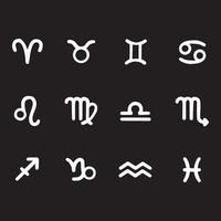 Sammlung von Tierkreiszeichen, einfache weiße Kunstsymbole auf schwarzem Hintergrund. flache vektorillustration, die horoskopsymbole enthält, die einfach zu verwenden sind, um zu dekorieren. vektor