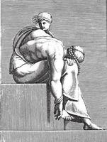 nach vorne gelehnte frau mit einem kind, adamo scultori, nach michelangelo, 1585, vintage illustration. vektor