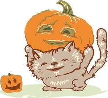 lustige katze schleppt einen riesigen kürbis für halloween. vektor