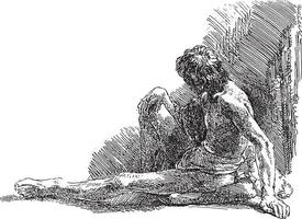 junger Mann, der mit einem gestreckten Bein auf dem Boden sitzt, Rembrandt van Rijn, 1807 - 1808, Vintage-Illustration. vektor