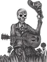 Kunstschädel, der Gitarre spielt, Tag der Toten. handzeichnung und grafikvektor machen. vektor