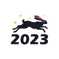 Hoppar svart kanin, röd kinder, ögon och stjärnor. kinesisk ny år 2023 symbol. kanin silhuett, mystiker hare. trendig skriva ut design, djur- text typografi affisch. hand dragen illustration vektor