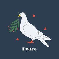 Friedenstaube, Tauben. stehender Vogel mit Pflanzenolivenzweig. Frieden, Liebe, Freiheit, kein Krieg, Unschuld, menschliche Reinheit. hand gezeichnete moderne illustration. unterstützung ukraine symbol, logo-vorlage vektor