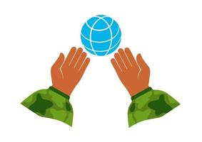 Die Hand eines Militärmanns hält einen Globus des Globus. militärische Stellung vektor