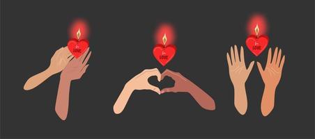 dunkelbrauner Hintergrund, drei Paar Hände, die eine brennende Kerze in Form eines roten Herzens halten, rosa Schimmer um die Kerze herum. stimmungsvolle Illustration des Symbols der Liebe. st. Valentinstag, Valentinstag vektor