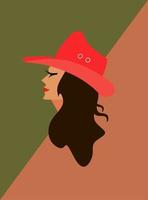 wilder Westen. Cowboymädchen mit einem Kaktus zwischen ihnen. ein roter Hut, eine braunhaarige Frau. Retro-Abbildung. Cowboy-Stimmung. vektor