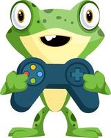 Süßer Babyfrosch mit Joystick, Illustration, Vektor auf weißem Hintergrund.